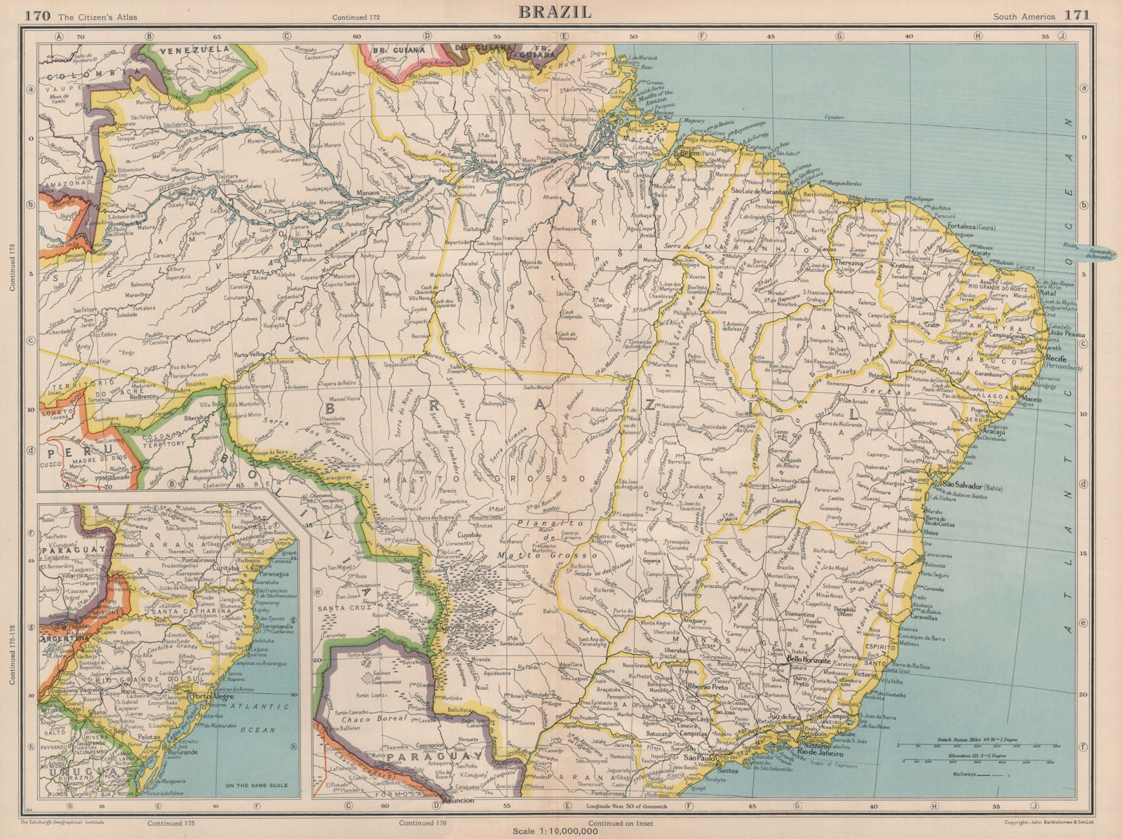 BRAZIL. also Paraguay. BARTHOLOMEW 1944 old vintage map plan chart